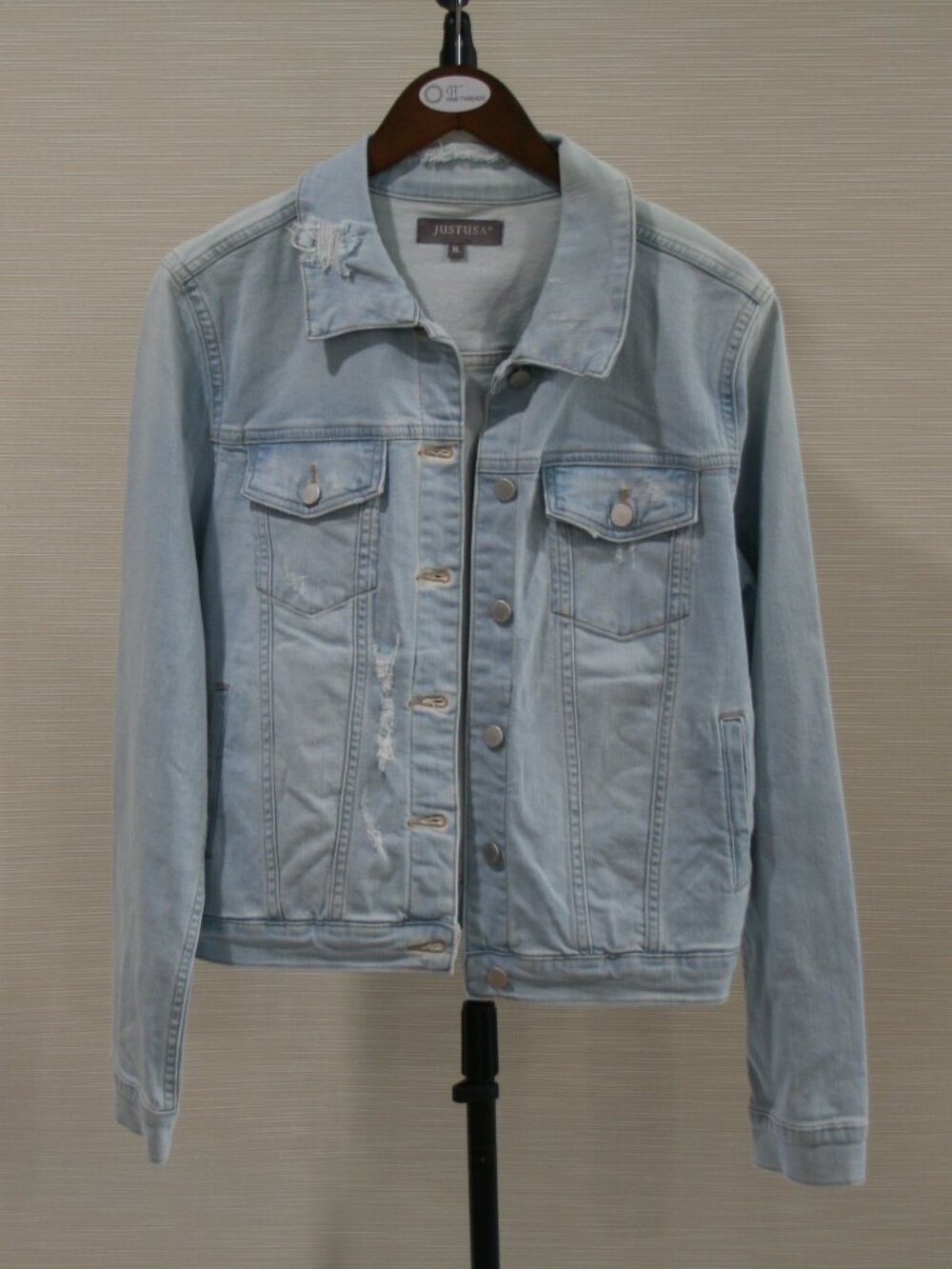 Distressed Denim Jacket. Light Blue Size XL